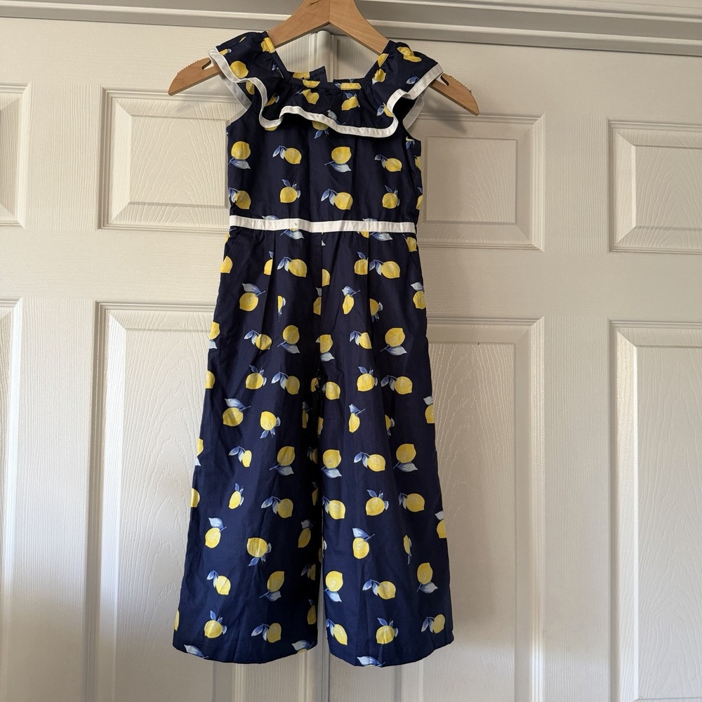 Janie and Jack Girls 4 Lemon Ruffle Jumpsuit Romper Navy Yellow Cotton Wide Leg